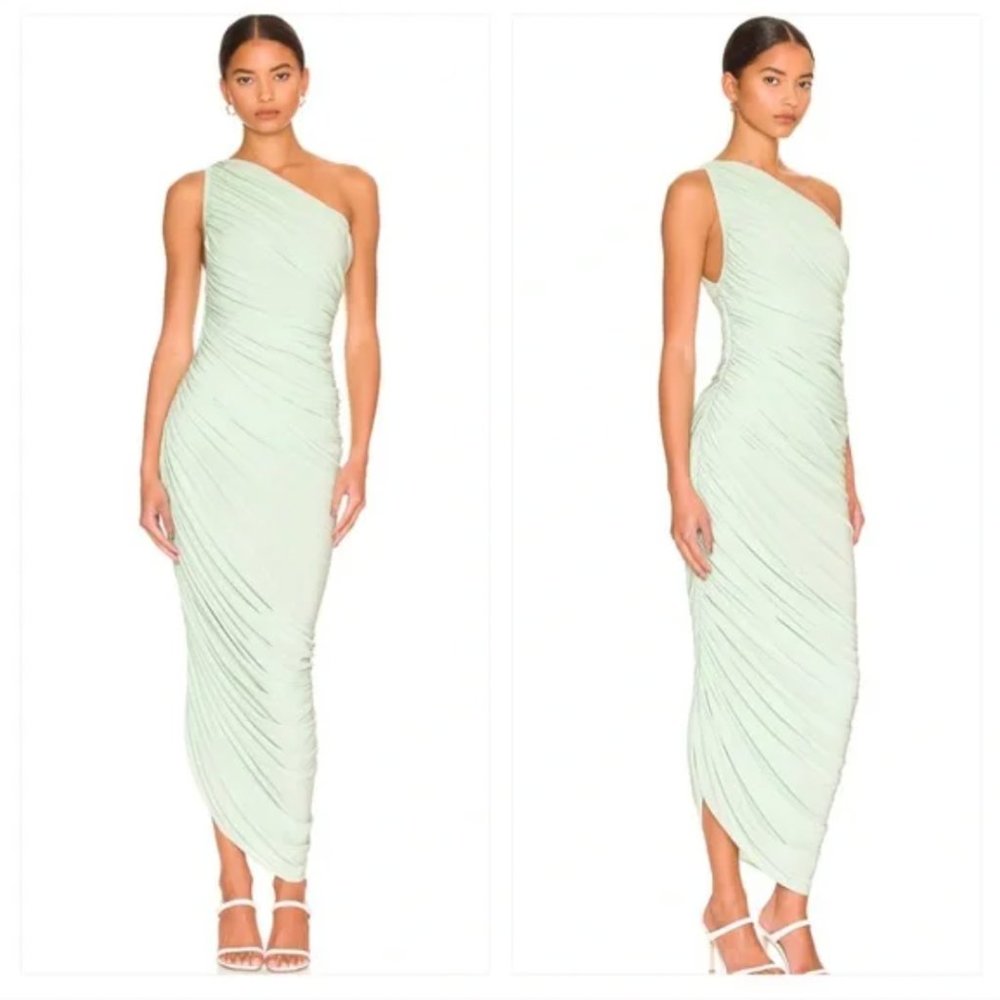 NEW Norma Kamali Seafoam Mint Green Ruched One Shoulder Asymmetric Gown